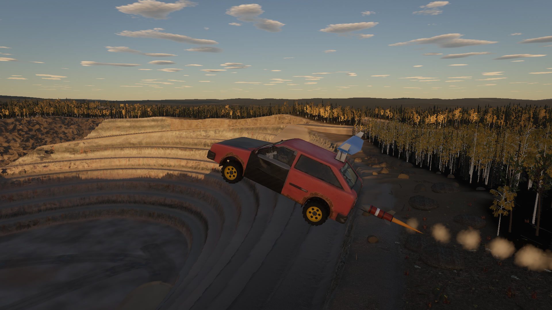 A rusty red hatchback with a wing and a bottle rocket flies over a sunlit gravel quarry