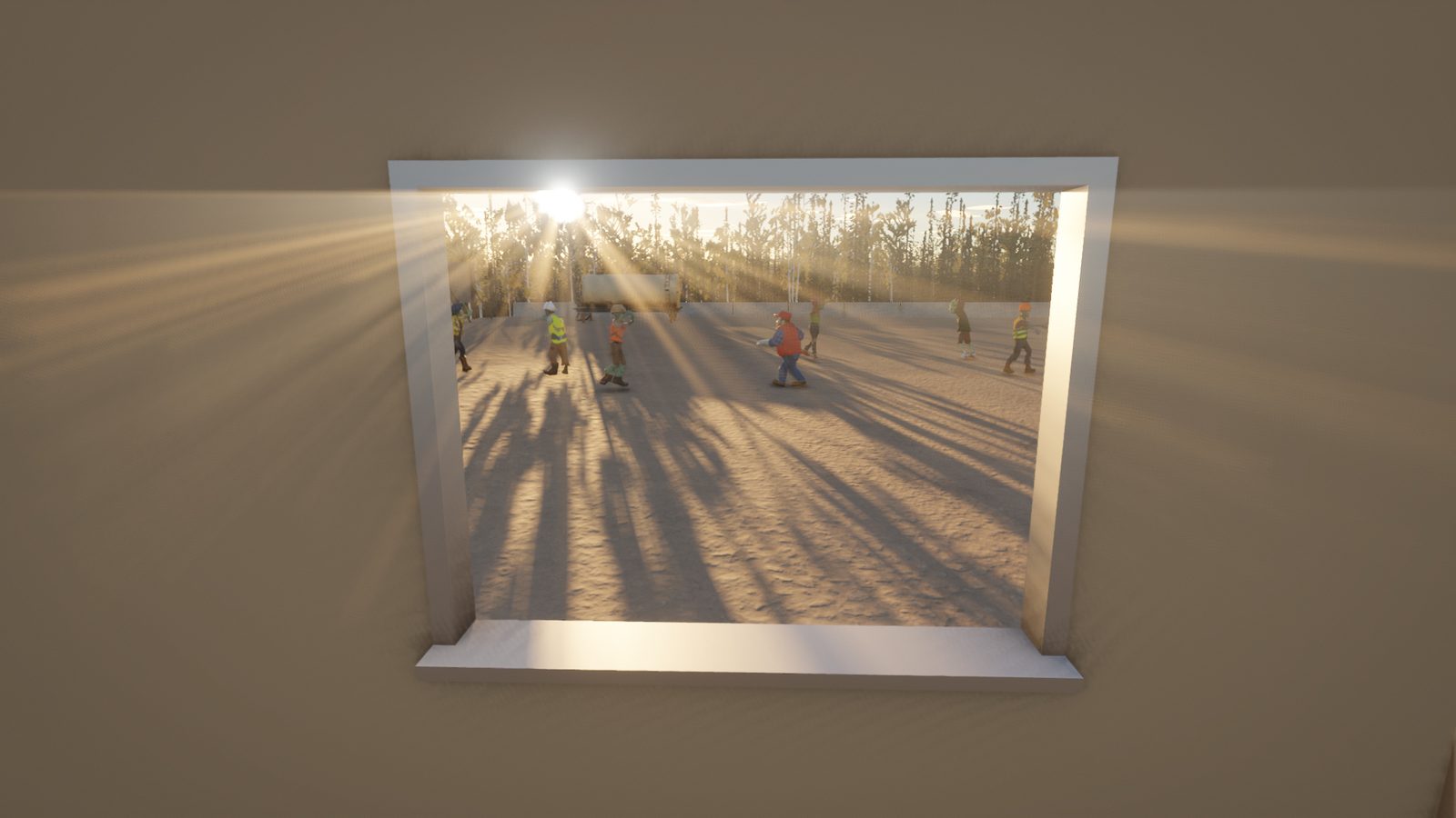 Through the trailer window: the horde in the low sun