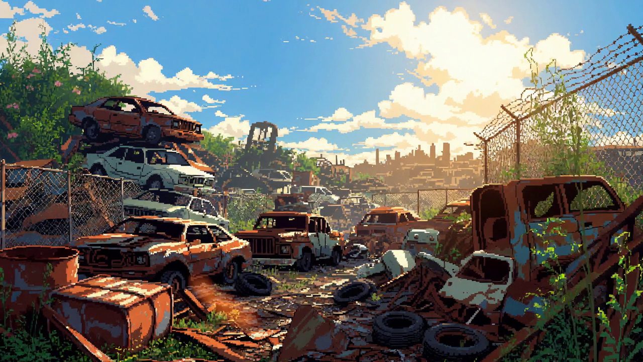 Scrapwright: a pixel-art junkyard of rusted cars under a bright sky